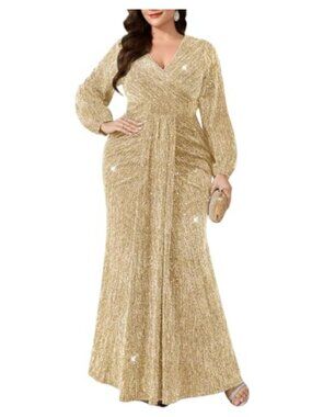Formal Sequin Ruched Mermaid Gown Long Puff Sleeve V-Neck Evening Dress